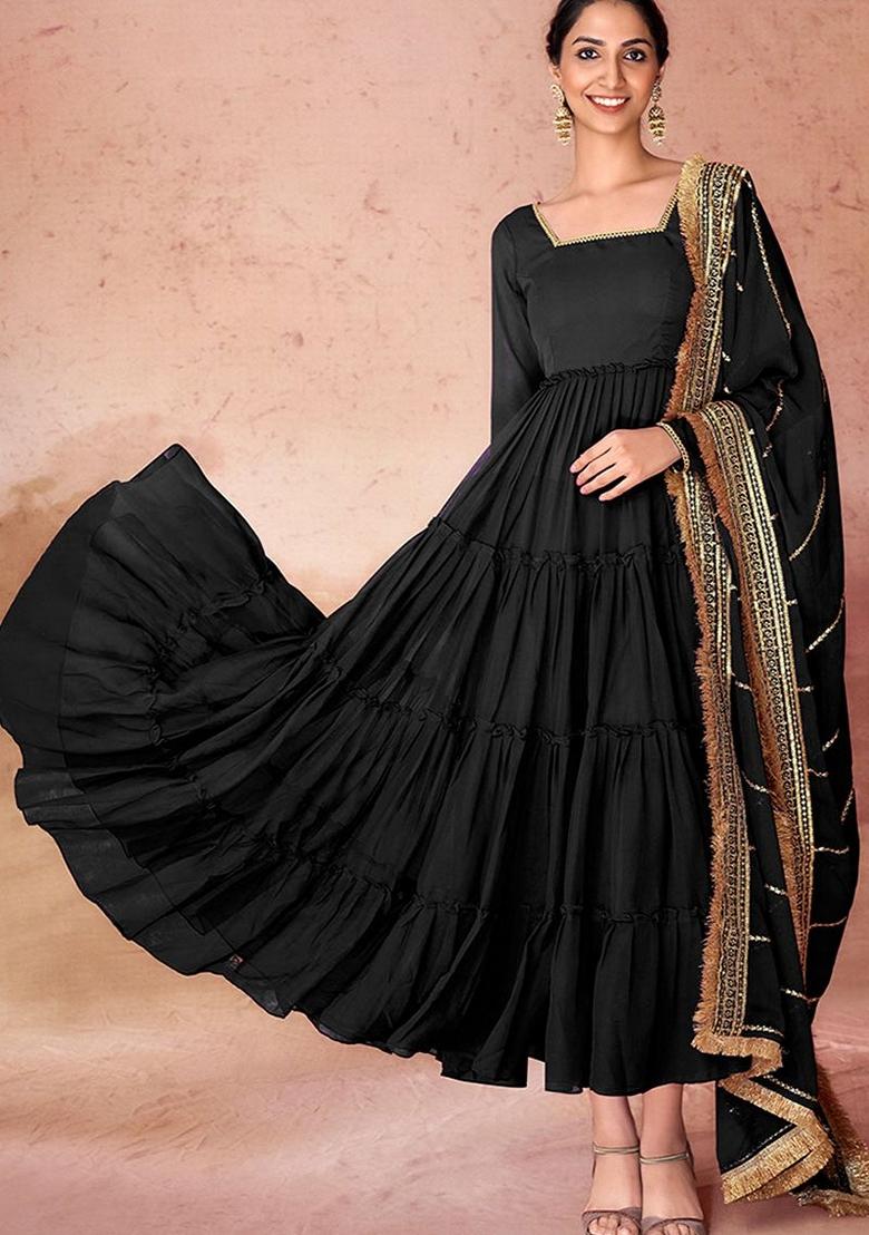 Black Embroidered Georgette Anarkali Set With Dupatta