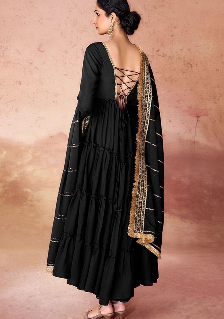 Black Embroidered Georgette Anarkali Set With Dupatta