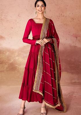 Maroon Embroidered Georgette Anarkali Set With Dupatta
