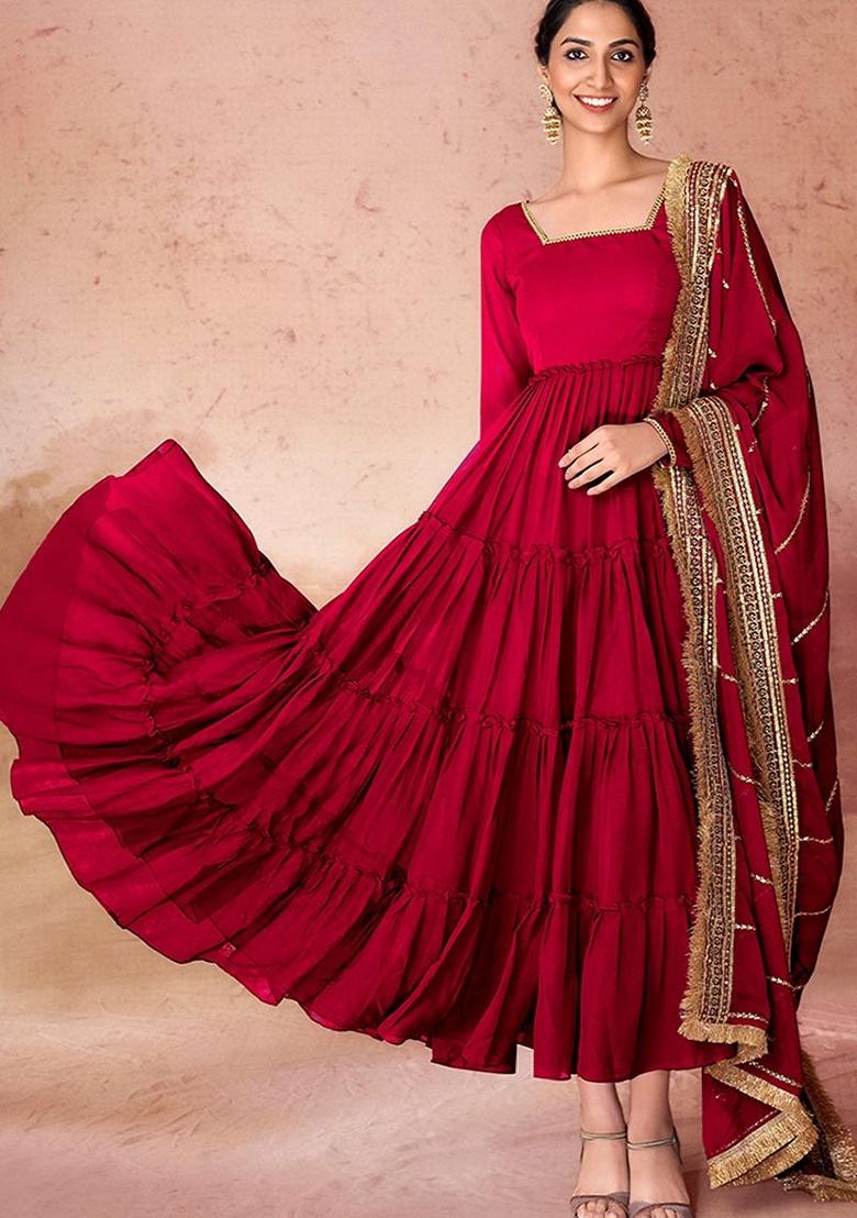 Maroon Embroidered Georgette Anarkali Set With Dupatta