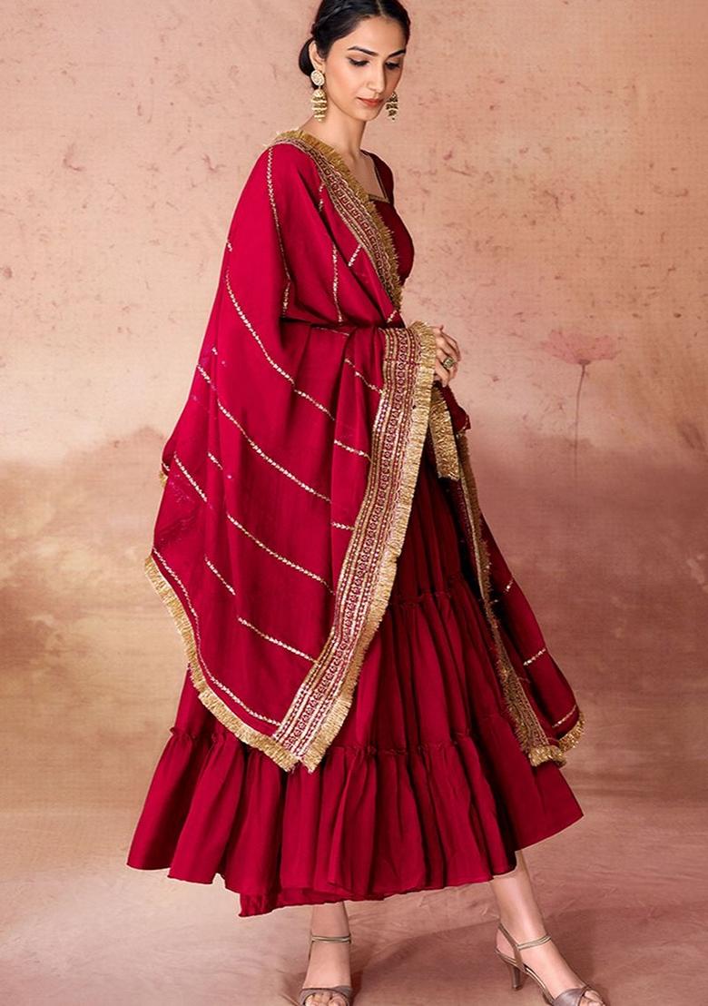 Maroon Embroidered Georgette Anarkali Set With Dupatta
