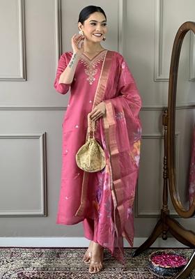 Pink Embroidered Chanderi Salwar Kameez With Dupatta