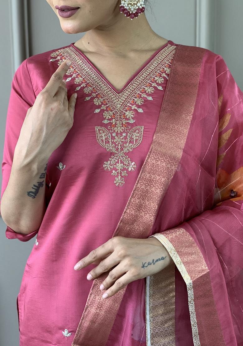 Pink Embroidered Chanderi Salwar Kameez With Dupatta