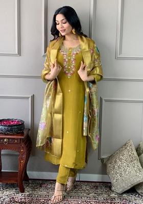 Yellow Embroidered Chanderi Salwar Kameez With Dupatta