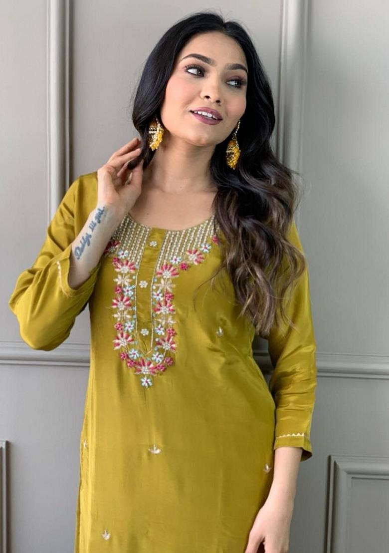 Yellow Embroidered Chanderi Salwar Kameez With Dupatta
