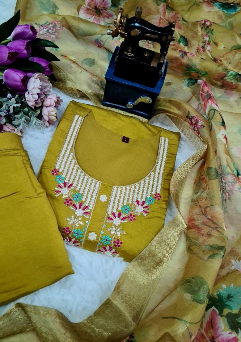 Yellow Embroidered Chanderi Salwar Kameez With Dupatta