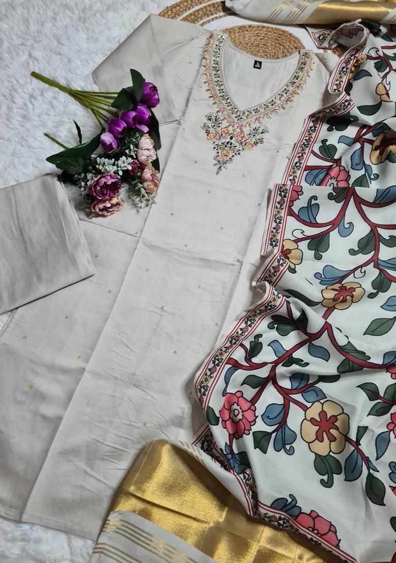 White Embroidered Chanderi Salwar Kameez With Dupatta