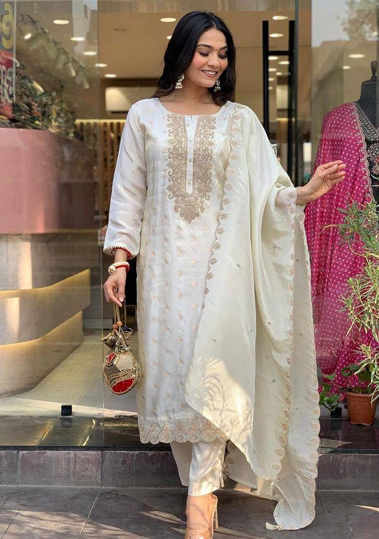 White Embroidered Chanderi Salwar Kameez With Dupatta