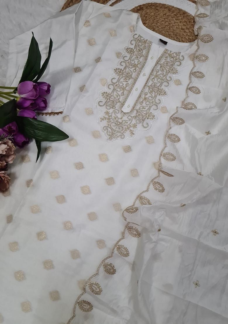 White Embroidered Chanderi Salwar Kameez With Dupatta