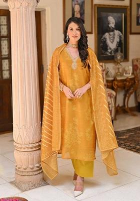 Orange Embroidered Viscose Rayon Salwar Kameez With Dupatta