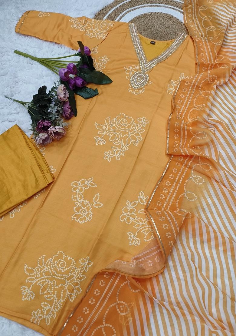 Orange Embroidered Viscose Rayon Salwar Kameez With Dupatta