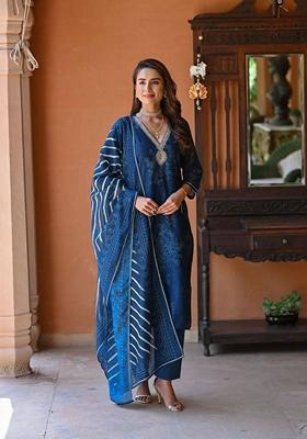Blue Embroidered Viscose Rayon Salwar Kameez With Dupatta