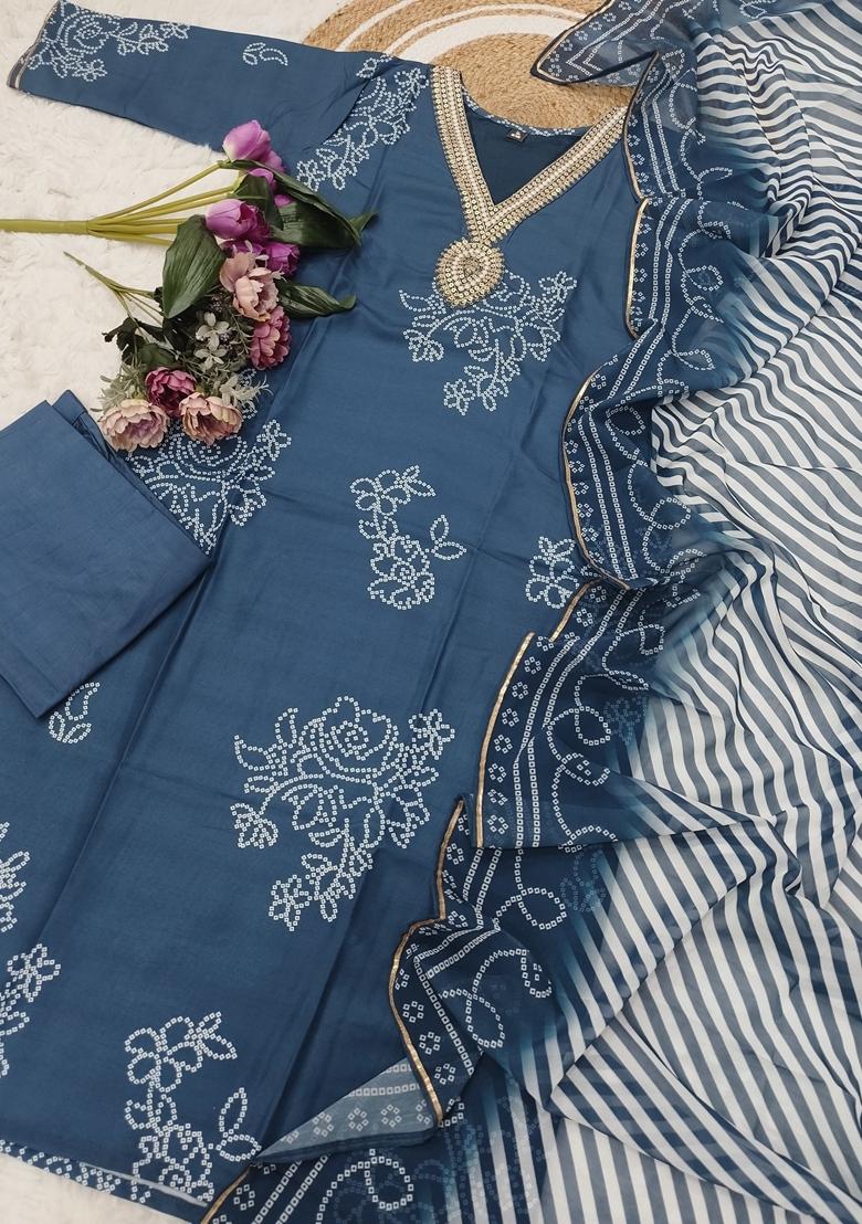 Blue Embroidered Viscose Rayon Salwar Kameez With Dupatta