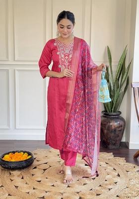 Pink Embroidered Viscose Rayon Salwar Kameez With Dupatta