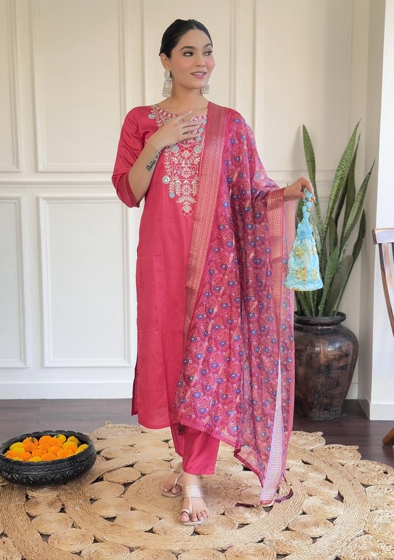 Pink Embroidered Viscose Rayon Salwar Kameez With Dupatta