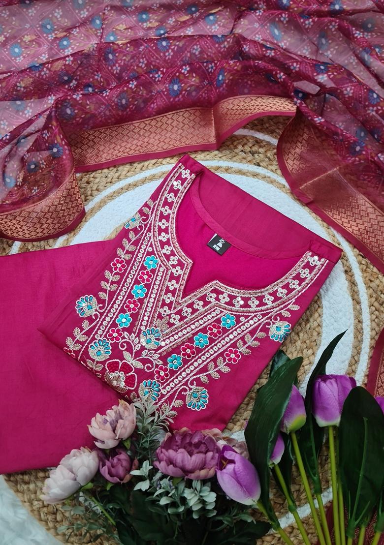 Pink Embroidered Viscose Rayon Salwar Kameez With Dupatta