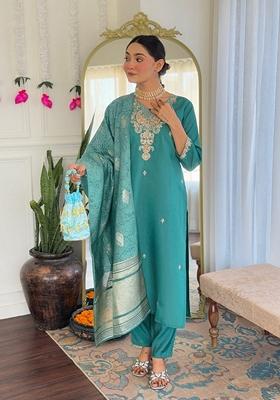 Turquoise Blue Embroidered Chanderi Salwar Kameez With Dupatta