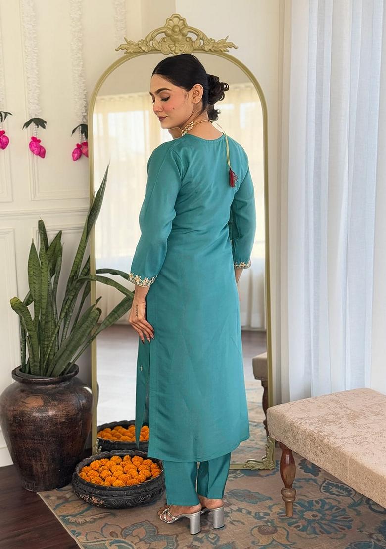 Turquoise Blue Embroidered Chanderi Salwar Kameez With Dupatta