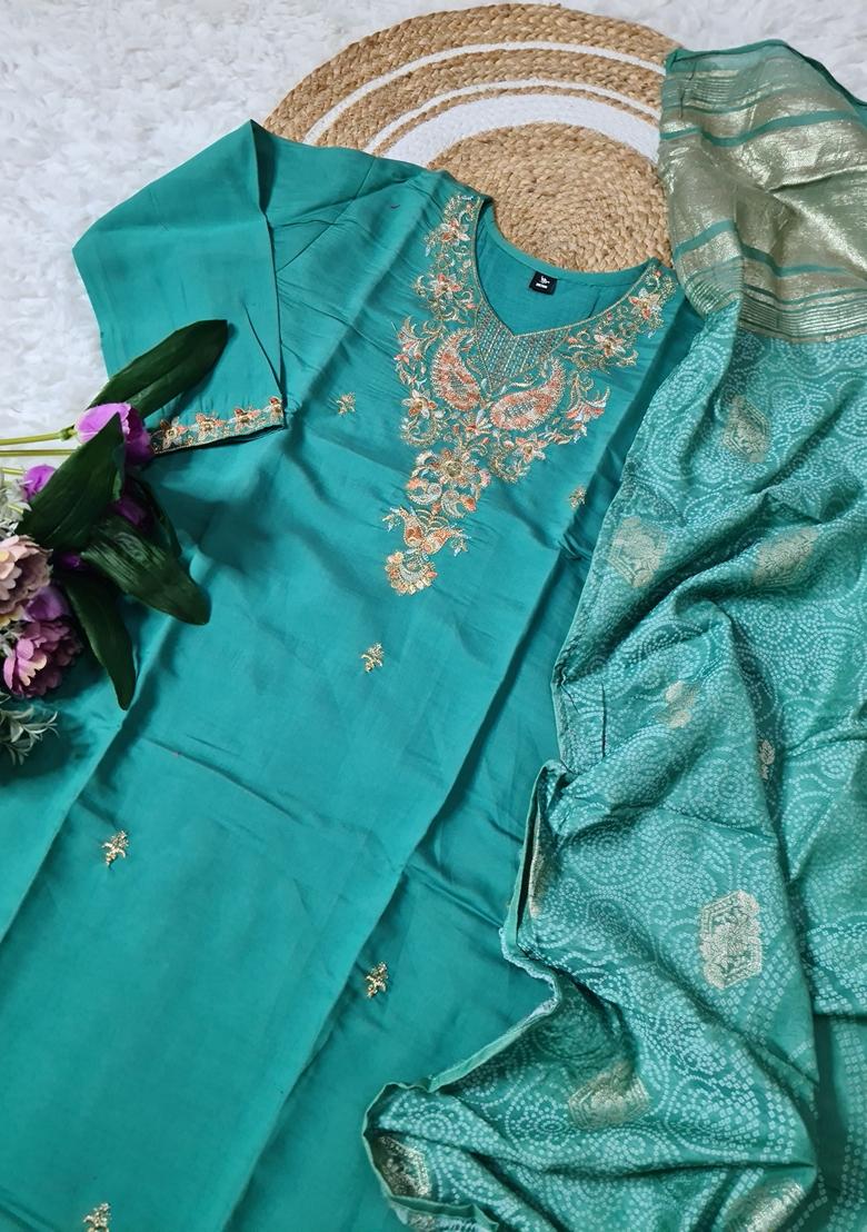 Turquoise Blue Embroidered Chanderi Salwar Kameez With Dupatta