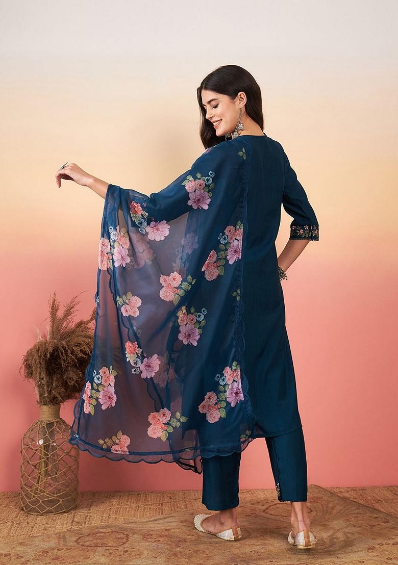 Blue Embroidered Chanderi Salwar Kameez With Dupatta