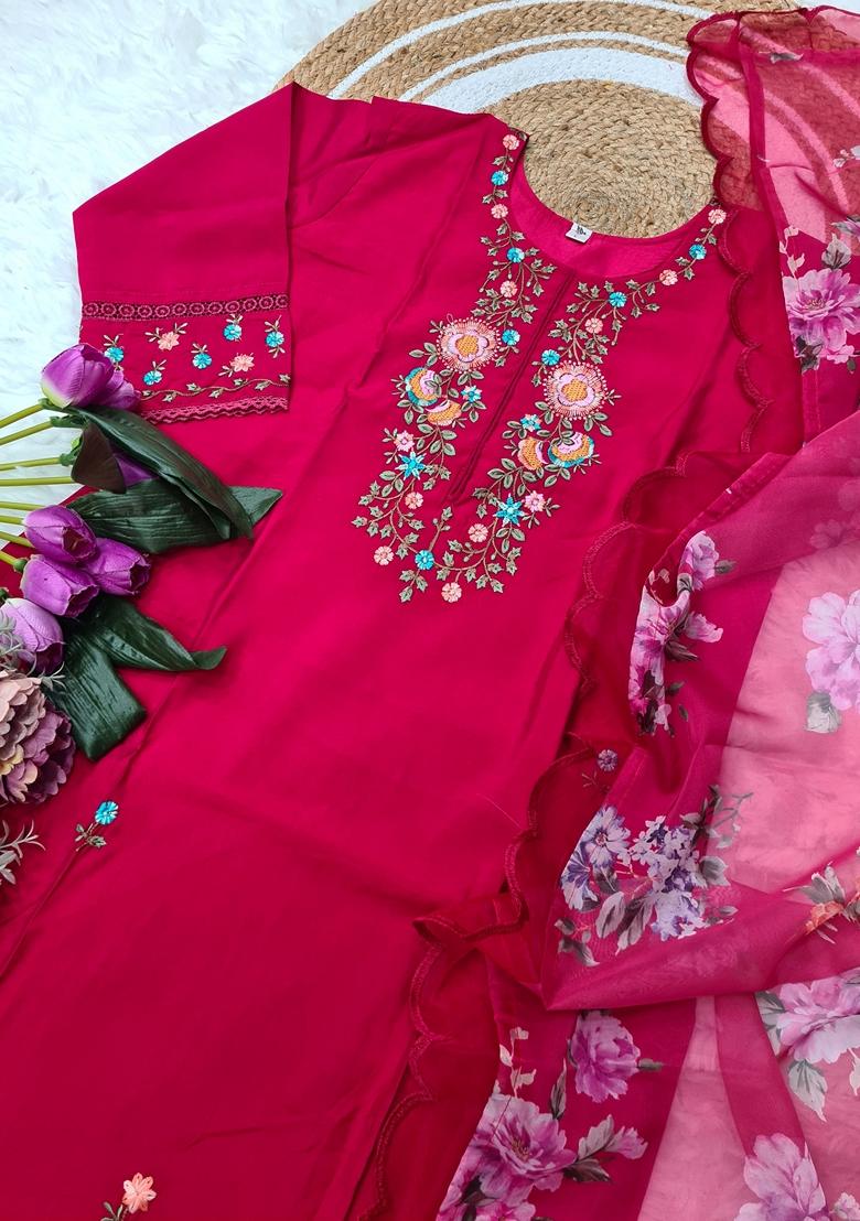 Pink Embroidered Chanderi Salwar Kameez With Dupatta