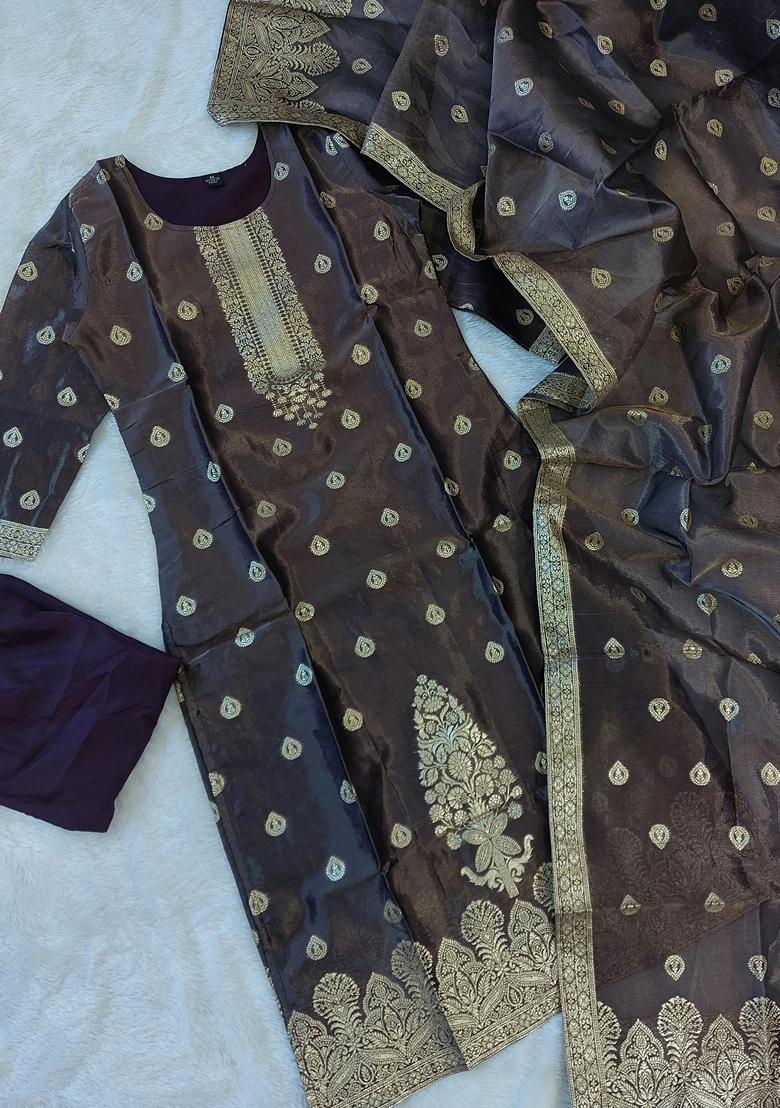 Brown Embroidered Jacquard Salwar Kameez With Dupatta