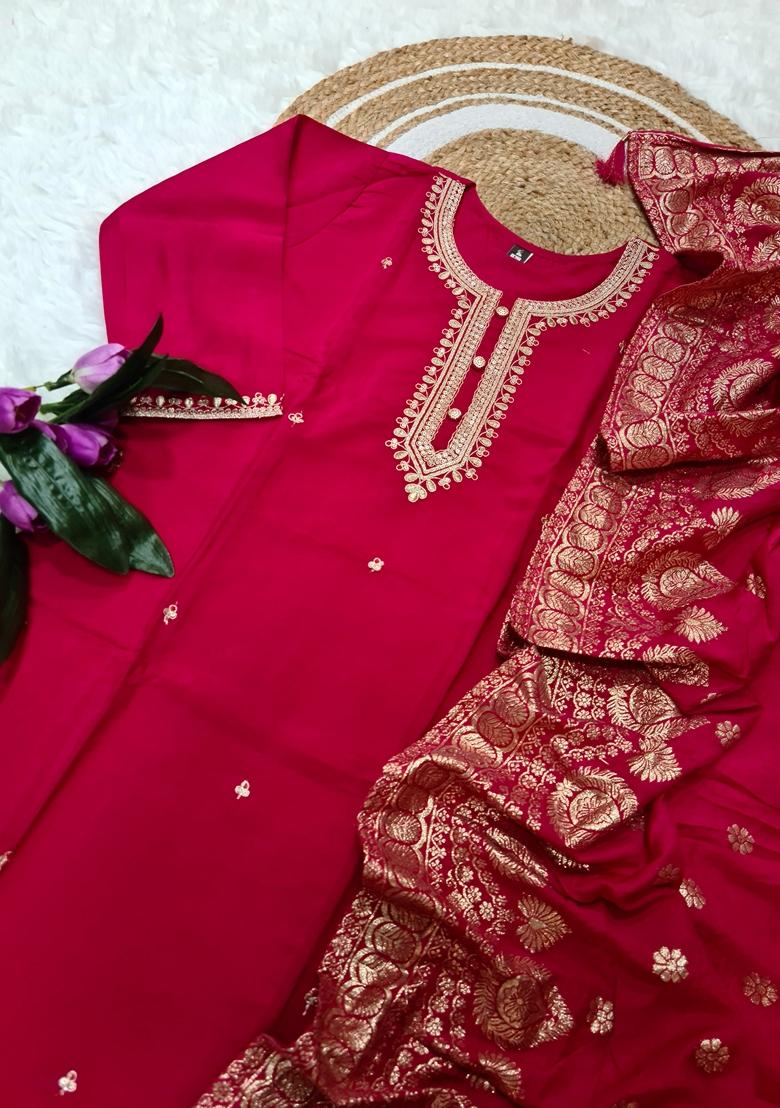 Pink Embroidered Chanderi Salwar Kameez With Dupatta
