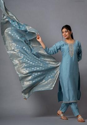 Blue Embroidered Chanderi Salwar Kameez With Dupatta