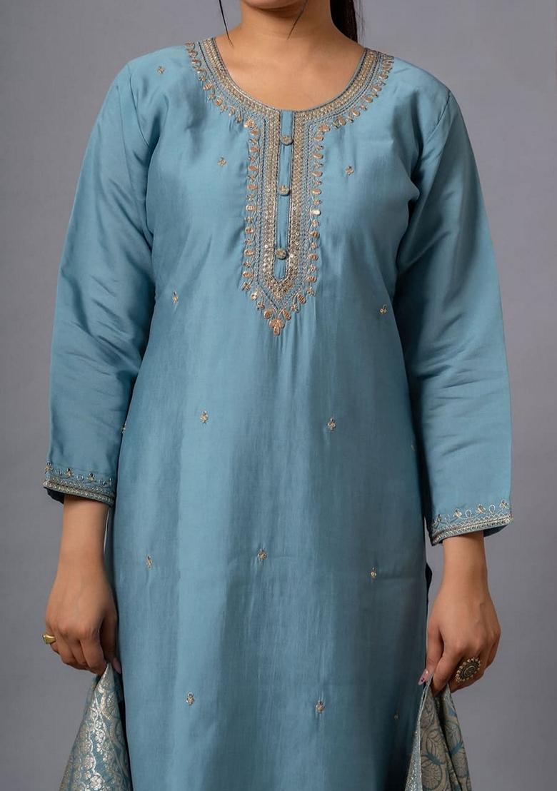 Blue Embroidered Chanderi Salwar Kameez With Dupatta