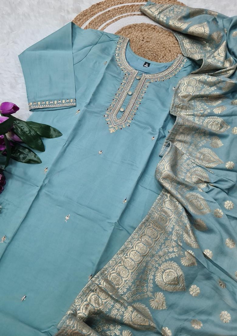 Blue Embroidered Chanderi Salwar Kameez With Dupatta
