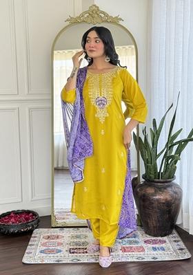 Yellow Embroidered Chinon Salwar Kameez With Dupatta