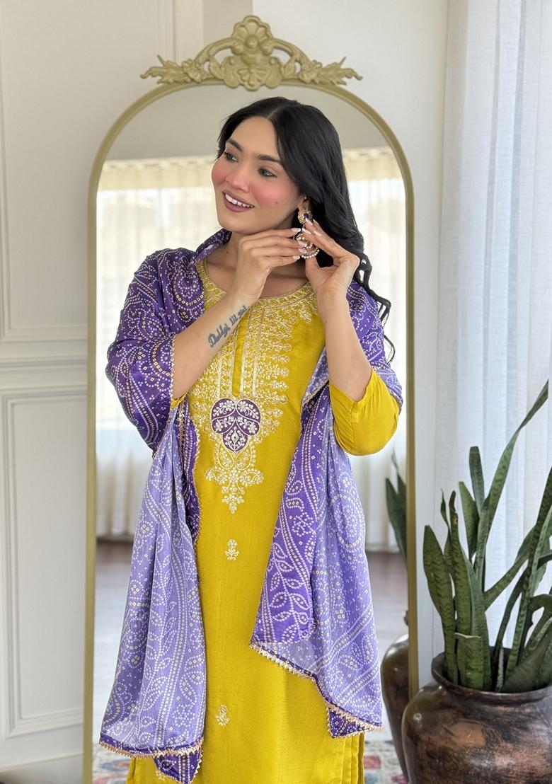 Yellow Embroidered Chinon Salwar Kameez With Dupatta