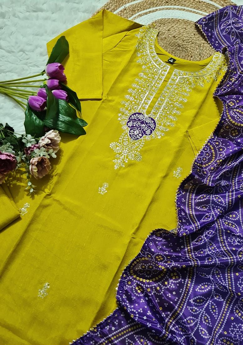 Yellow Embroidered Chinon Salwar Kameez With Dupatta