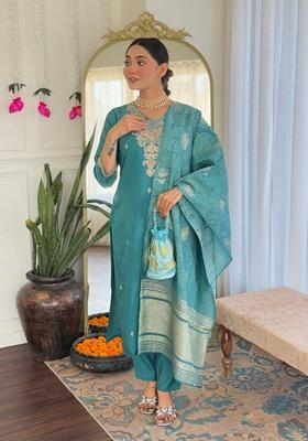 Rama Green Embroidered Chanderi Salwar Kameez With Dupatta