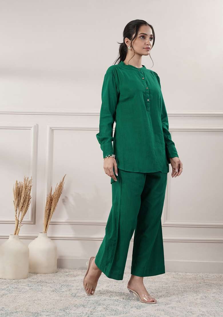 Emerald Green Solid Cotton Co Ord Set - Indya