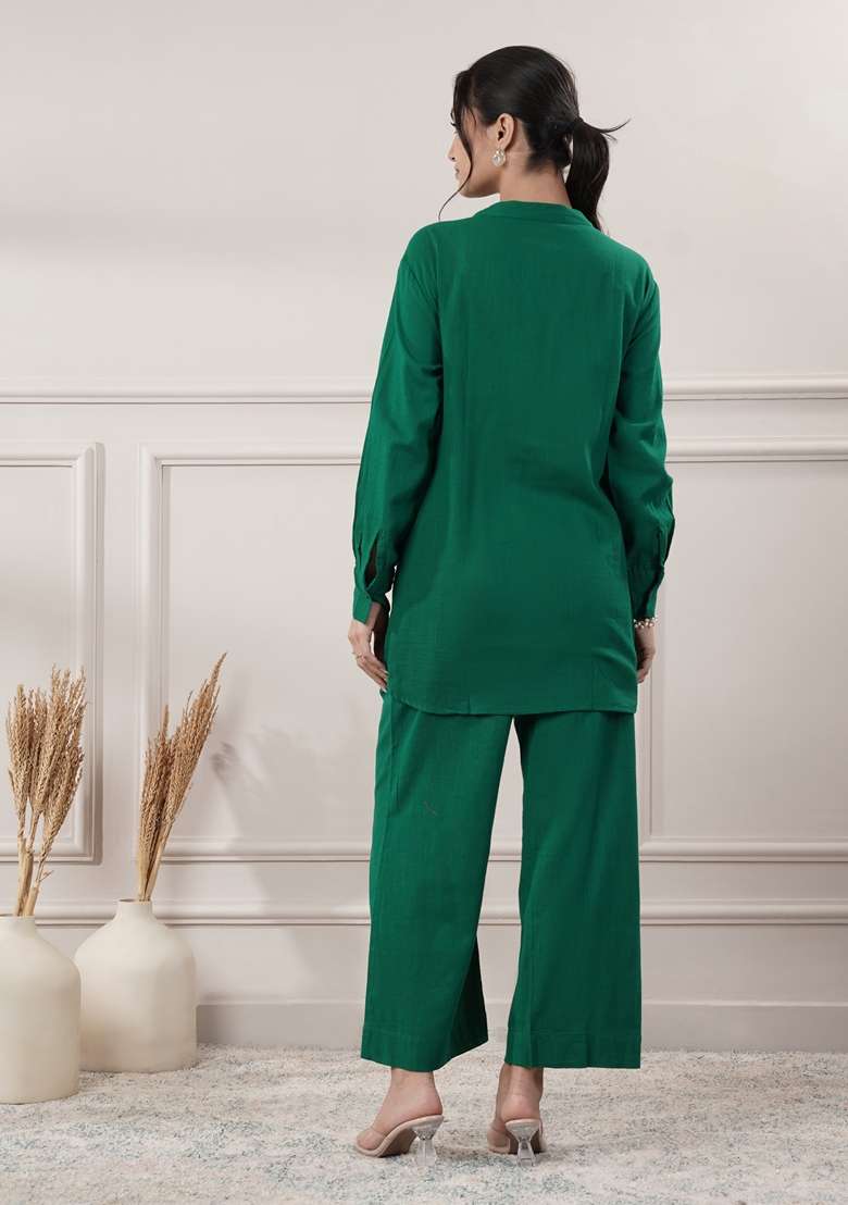 Emerald Green Solid Cotton Co Ord Set - Indya