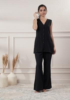 Black Solid Cotton Co Ord Set
