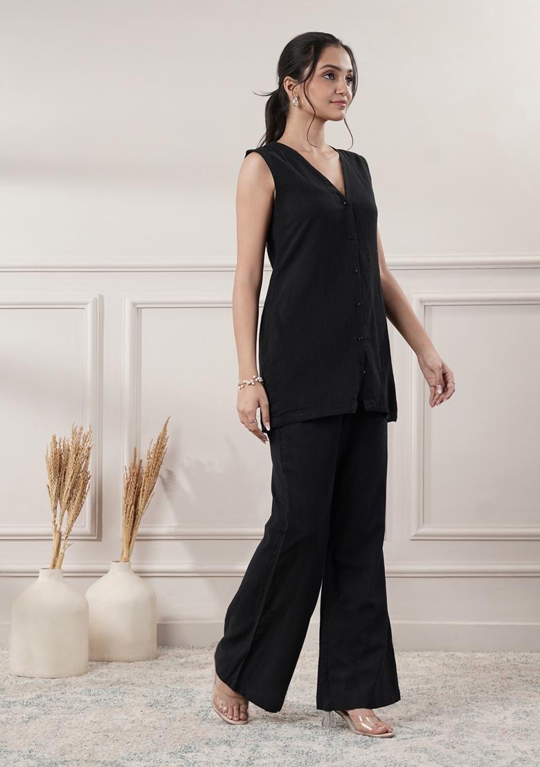Black Solid Cotton Co Ord Set