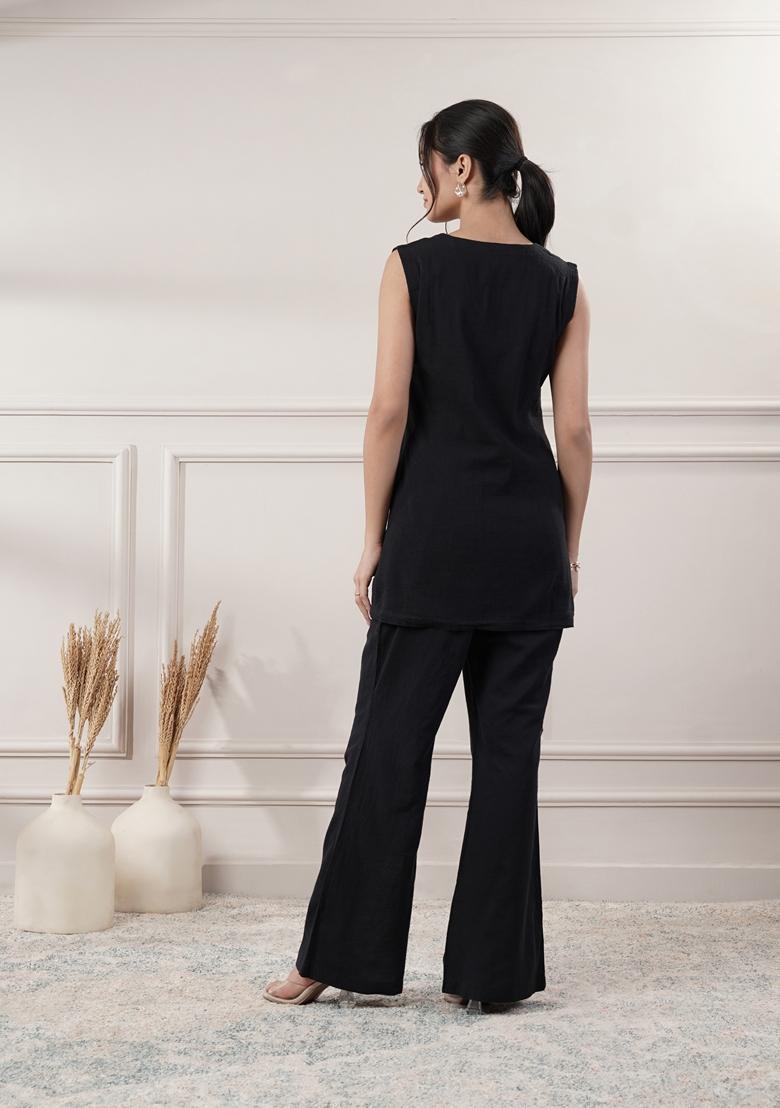Black Solid Cotton Co Ord Set