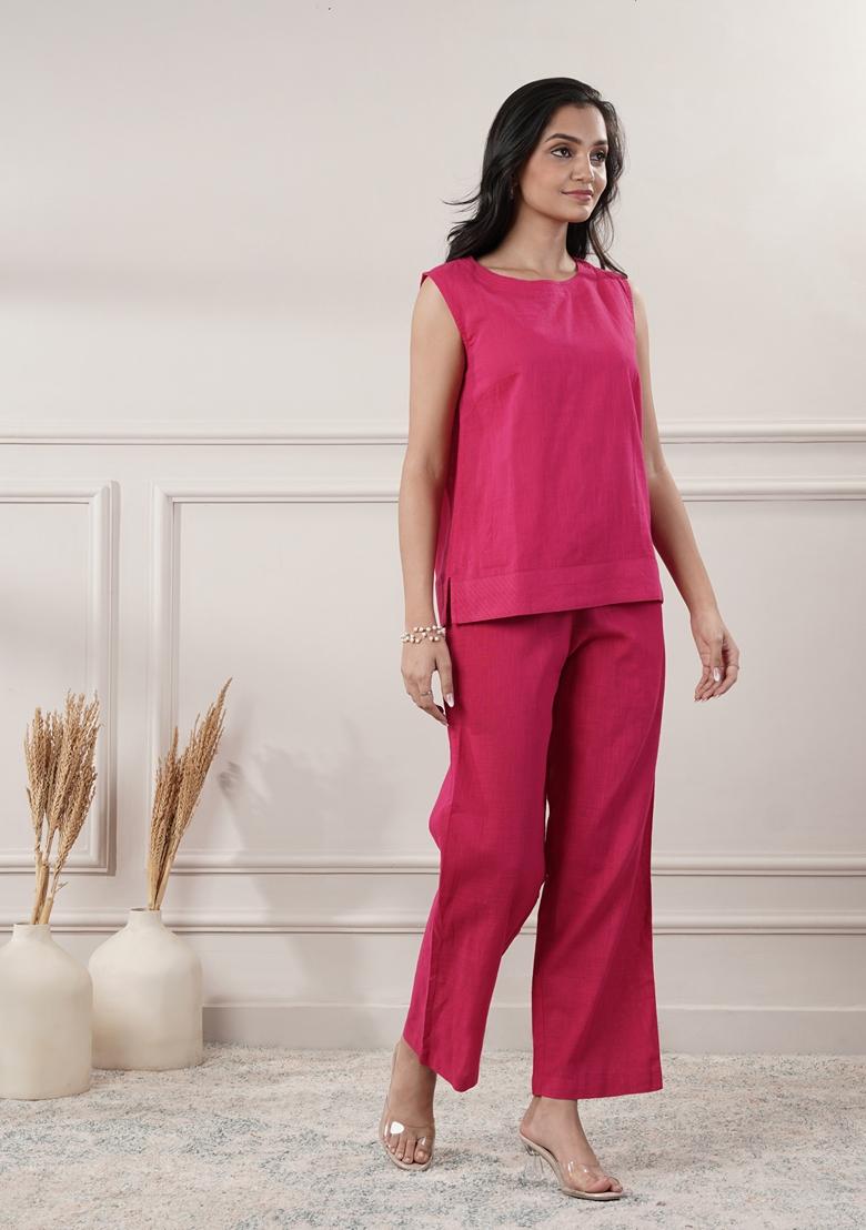 Fuchsia Pink Solid Cotton Co Ord Set