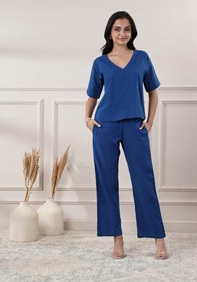 Royal Blue Solid Cotton Co Ord Set