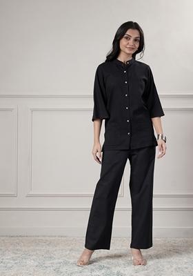 Black Solid Cotton Co Ord Set