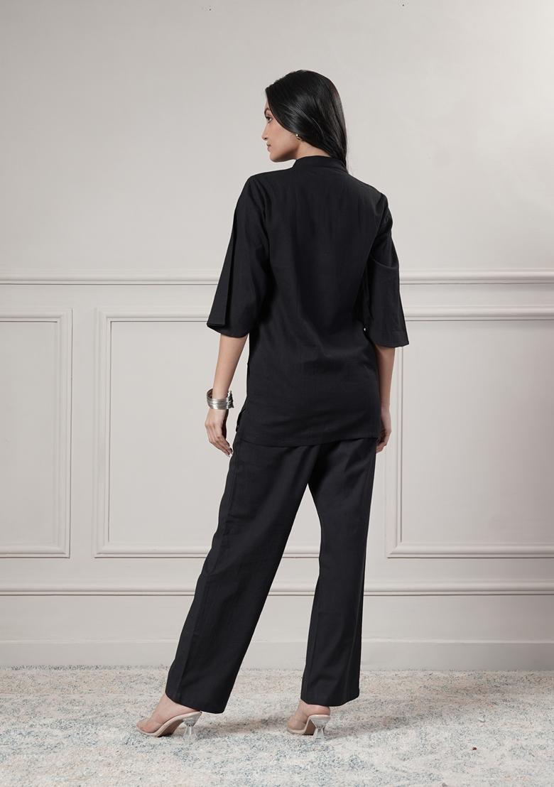 Black Solid Cotton Co Ord Set