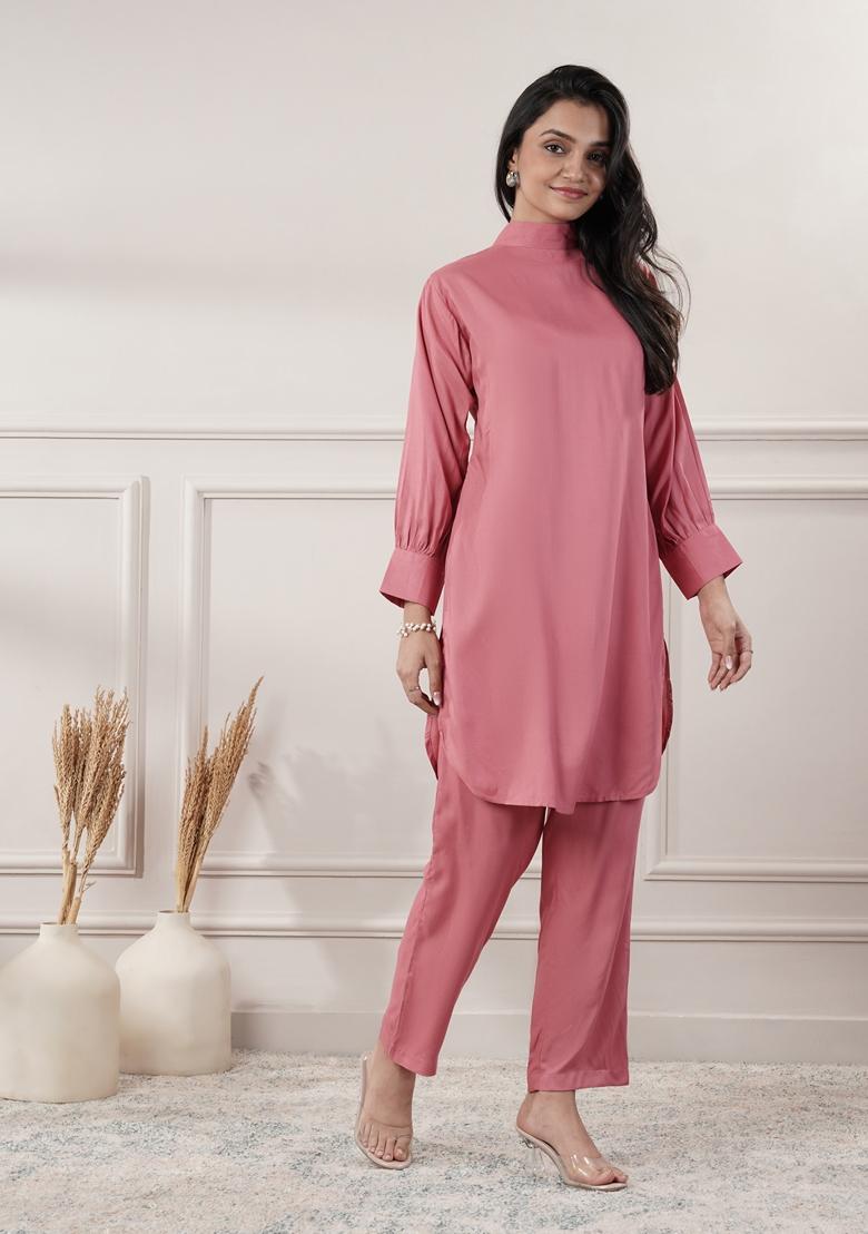 Peach Solid Cotton Co Ord Set