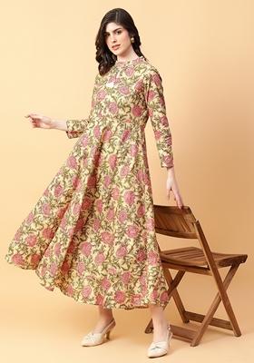 Beige Printed Cotton Dress