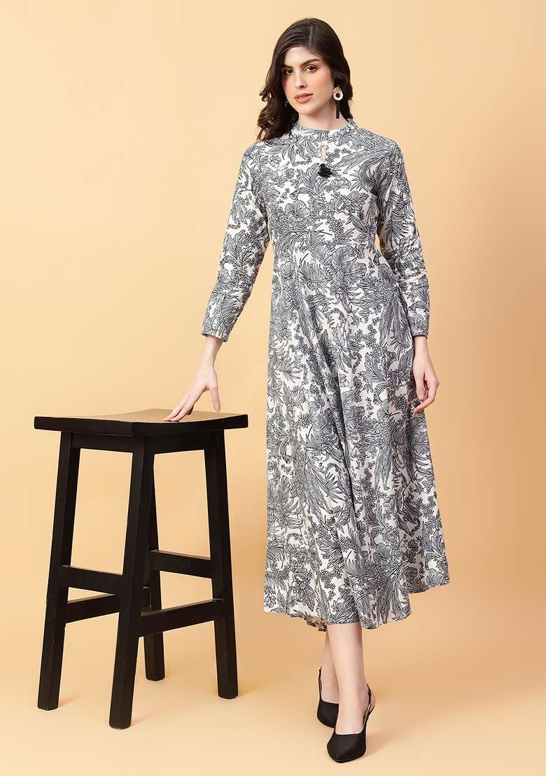 Grey Printed Cotton Dress - Indya