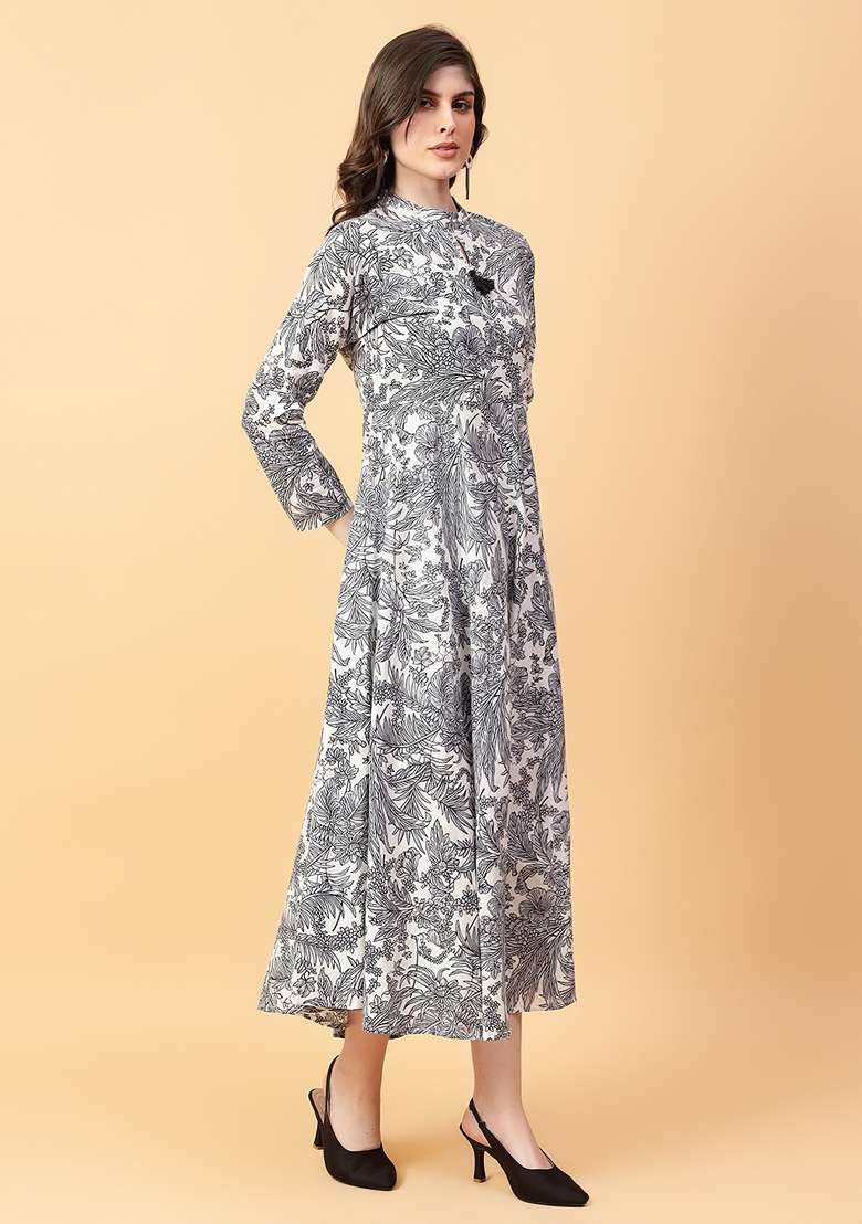 Grey Printed Cotton Dress - Indya