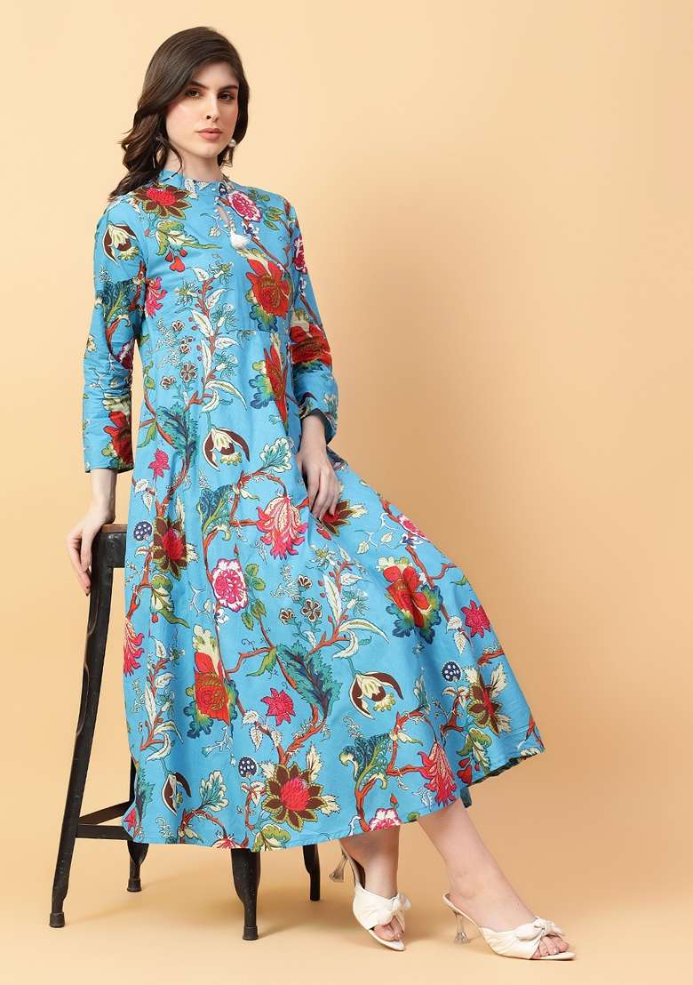 Turquoise Blue Printed Cotton Dress - Indya