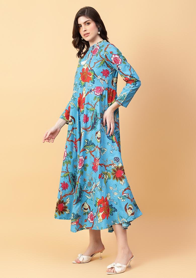 Turquoise Blue Printed Cotton Dress
