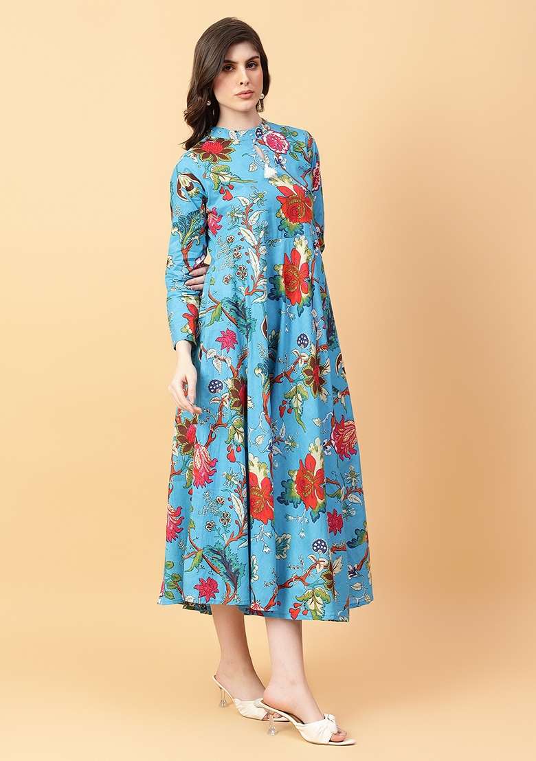 Turquoise Blue Printed Cotton Dress - Indya